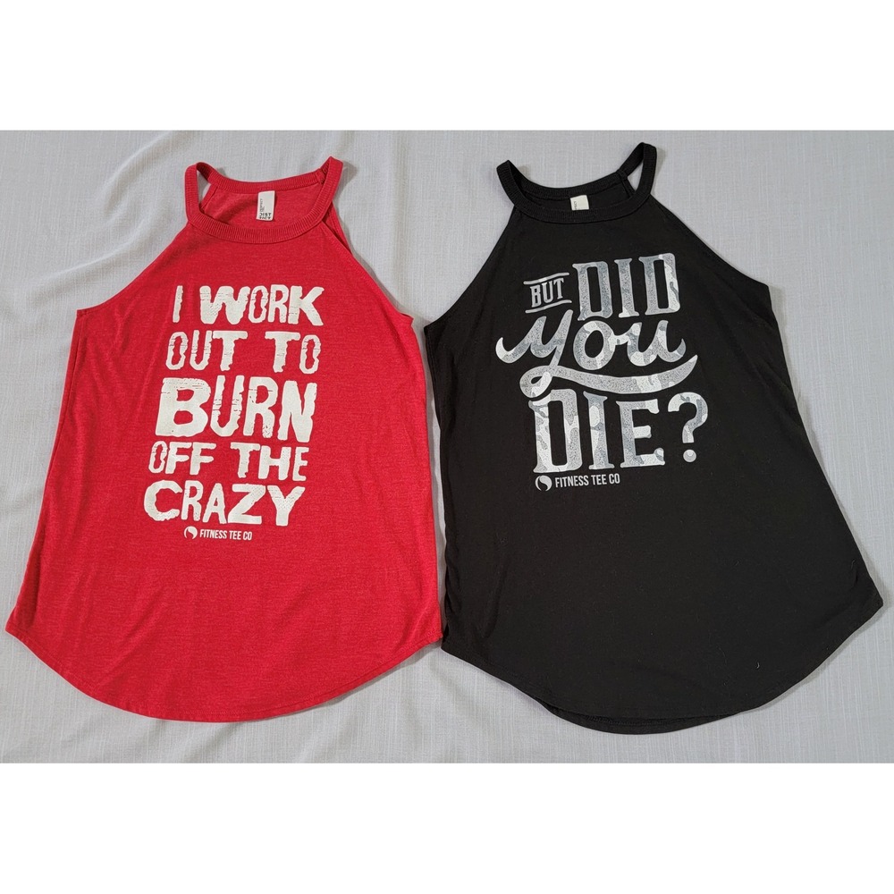 Fitness Graphic Tanks Set of 2 Small Red and Black High Neck Gym Shirts Workout